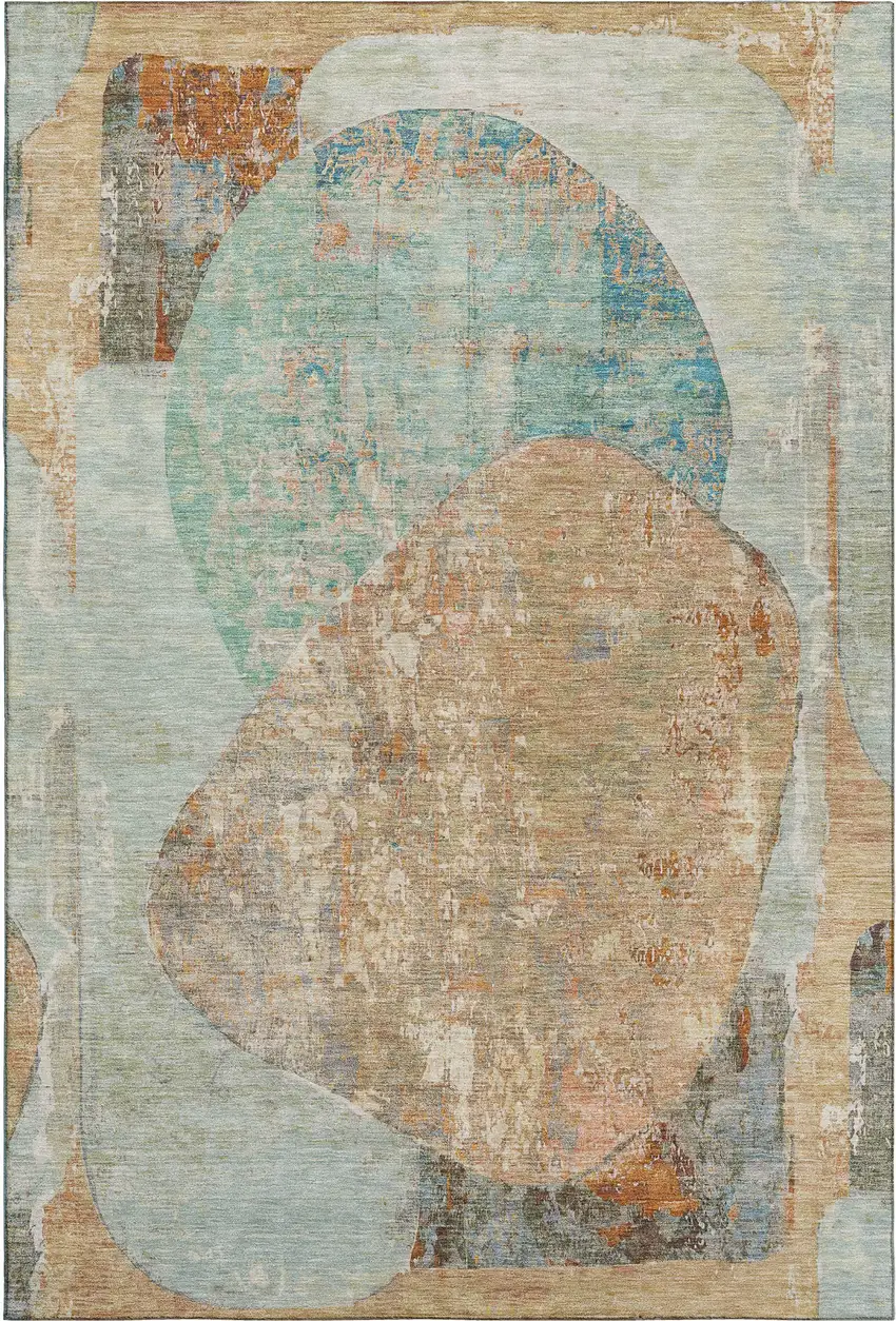 Teal Copper And Gray Abstract Washable Area Rug With UV Protection Photo 6