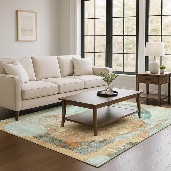 Teal Copper And Gray Abstract Washable Area Rug With UV Protection Photo 4