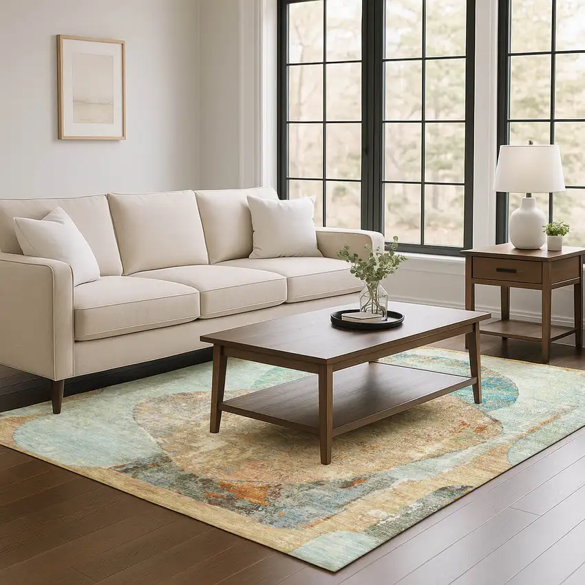 Teal Copper And Gray Abstract Washable Area Rug With UV Protection Photo 4