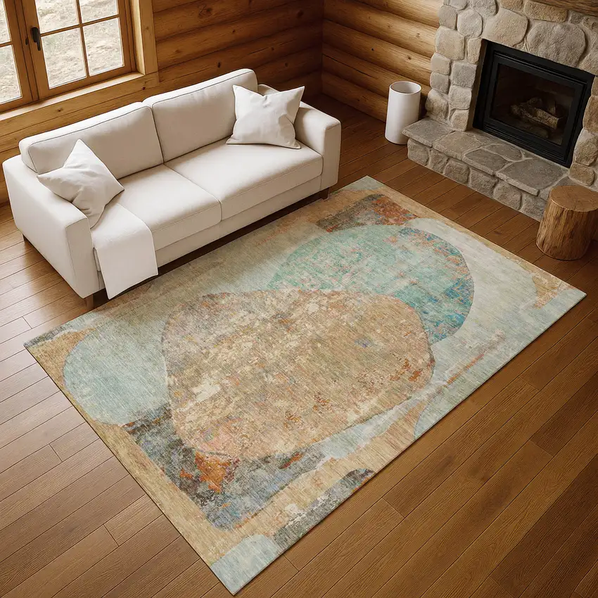 Teal Copper And Gray Abstract Washable Area Rug With UV Protection Photo 6
