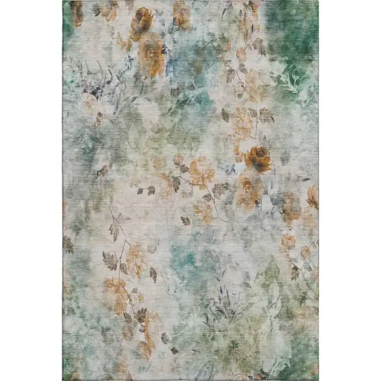Teal Copper And Ivory Floral Washable Area Rug With UV Protection Photo 1