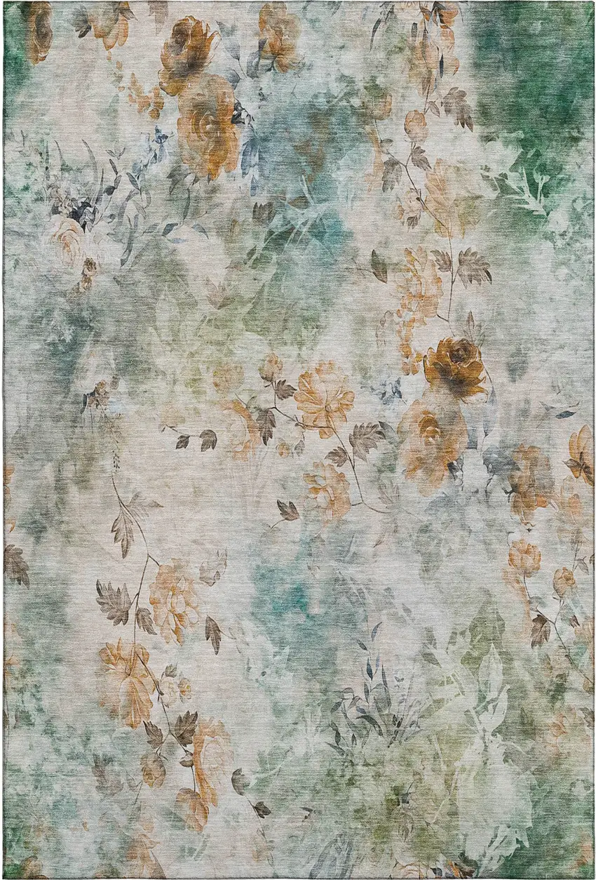 Teal Copper And Ivory Floral Washable Area Rug With UV Protection Photo 1