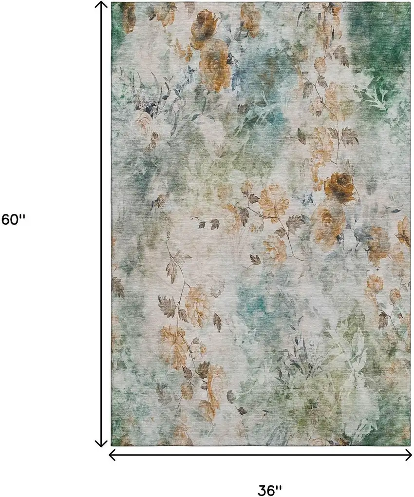 Teal Copper And Ivory Floral Washable Area Rug With UV Protection Photo 6