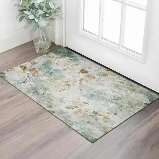 Teal Copper And Ivory Floral Washable Area Rug With UV Protection Photo 1