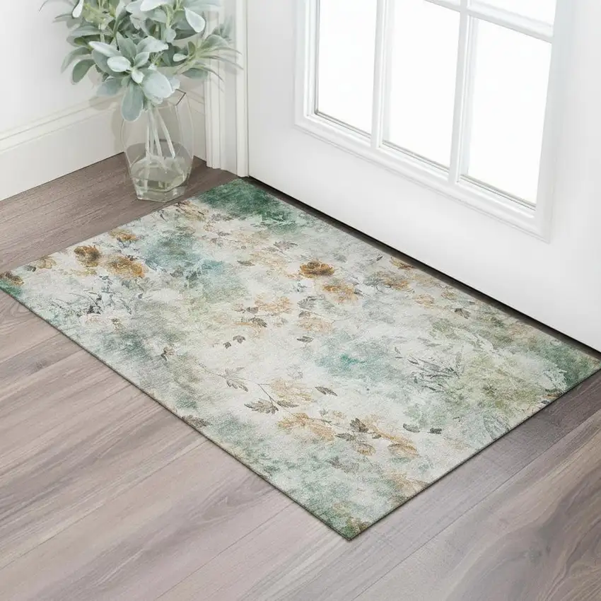 Teal Copper And Ivory Floral Washable Area Rug With UV Protection Photo 1