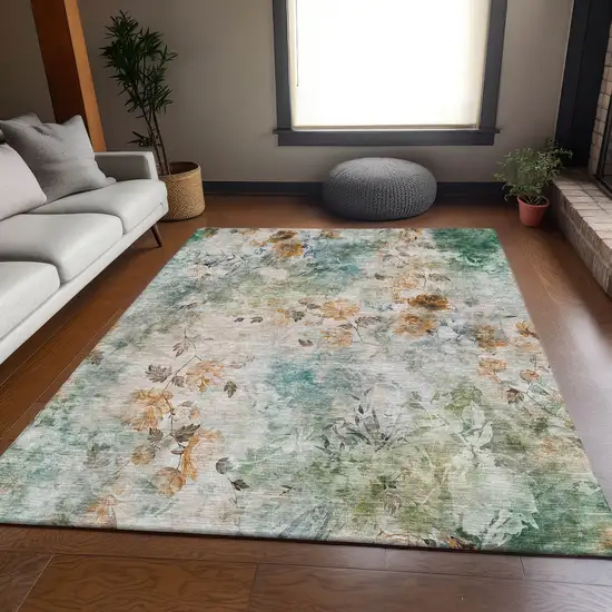 Teal Copper And Ivory Floral Washable Area Rug With UV Protection Photo 4