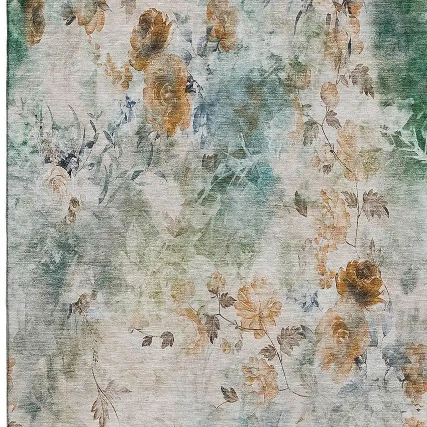 Teal Copper And Ivory Floral Washable Area Rug With UV Protection Photo 3