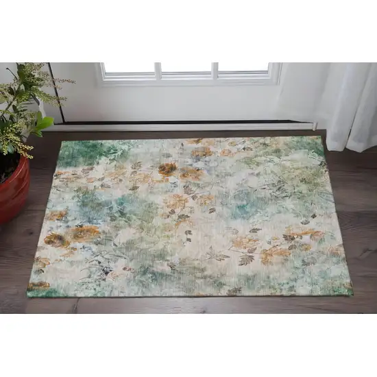 Teal Copper And Ivory Floral Washable Area Rug With UV Protection Photo 2