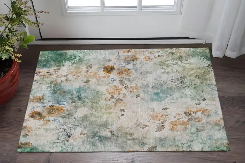 Teal Copper And Ivory Floral Washable Area Rug With UV Protection Photo 2
