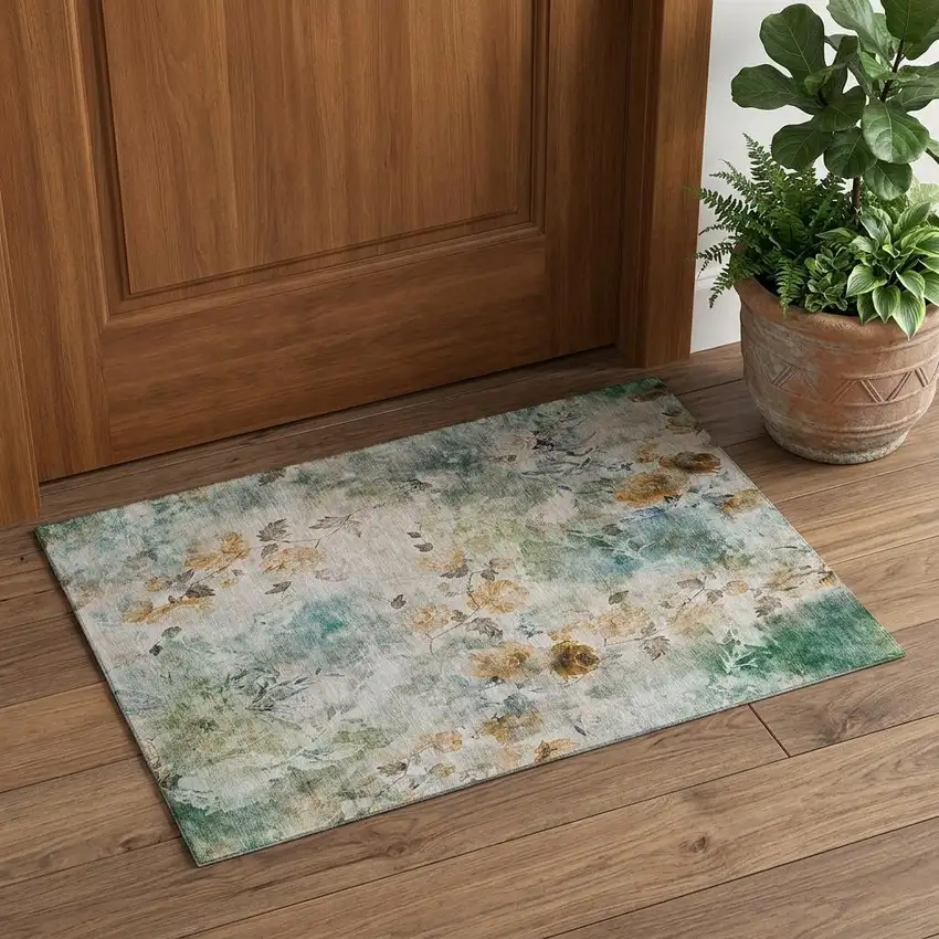 Teal Copper And Ivory Floral Washable Area Rug With UV Protection Photo 1