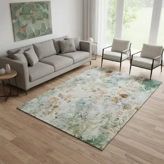 Teal Copper And Ivory Floral Washable Area Rug With UV Protection Photo 1