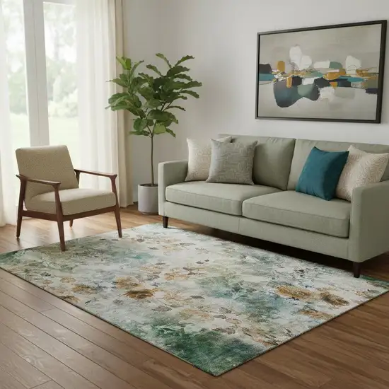 Teal Copper And Ivory Floral Washable Area Rug With UV Protection Photo 1