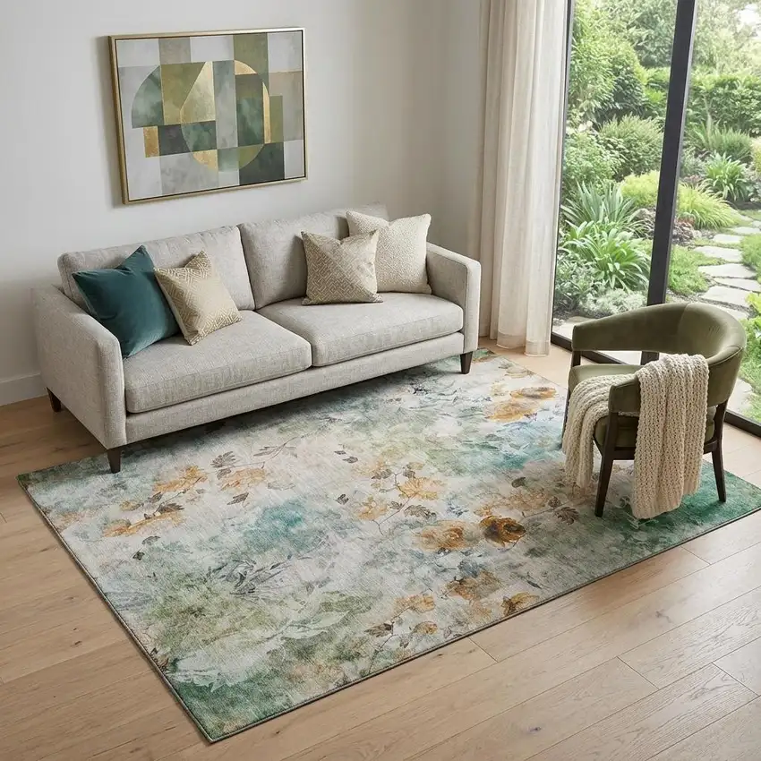 Teal Copper And Ivory Floral Washable Area Rug With UV Protection Photo 1
