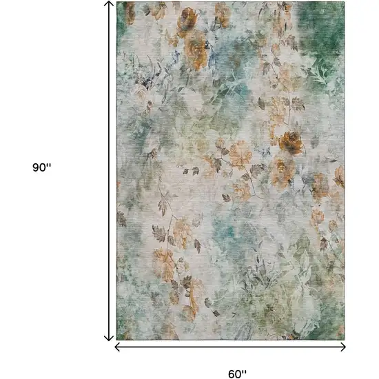 Teal Copper And Ivory Floral Washable Area Rug With UV Protection Photo 3