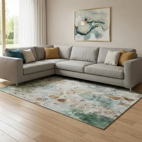 Teal Copper And Ivory Floral Washable Area Rug With UV Protection Photo 1