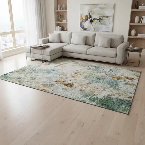 Teal Copper And Ivory Floral Washable Area Rug With UV Protection Photo 1