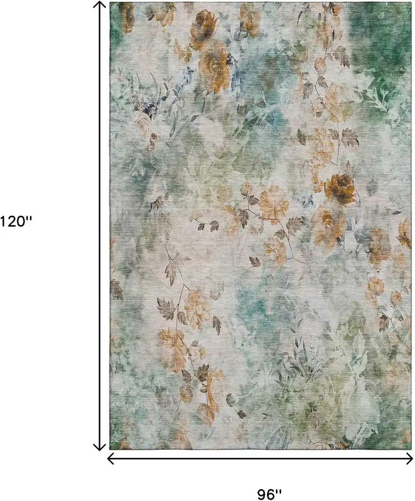 Teal Copper And Ivory Floral Washable Area Rug With UV Protection Photo 3