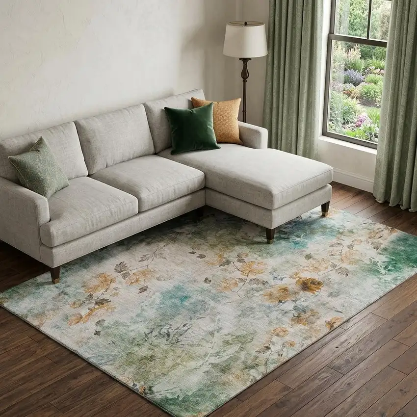 Teal Copper And Ivory Floral Washable Area Rug With UV Protection Photo 1