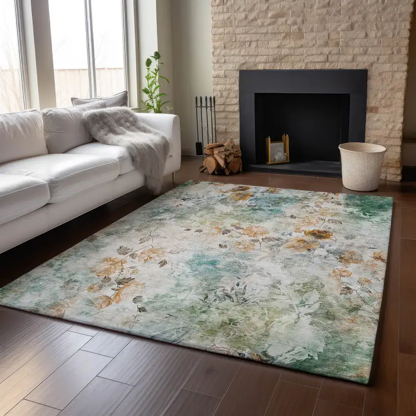 Teal Copper And Ivory Floral Washable Area Rug With UV Protection Photo 5
