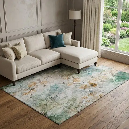 Teal Copper And Ivory Floral Washable Area Rug With UV Protection Photo 1