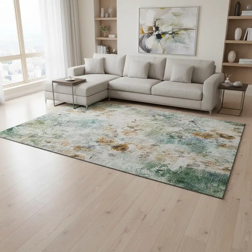 Teal Copper And Ivory Floral Washable Area Rug With UV Protection Photo 1