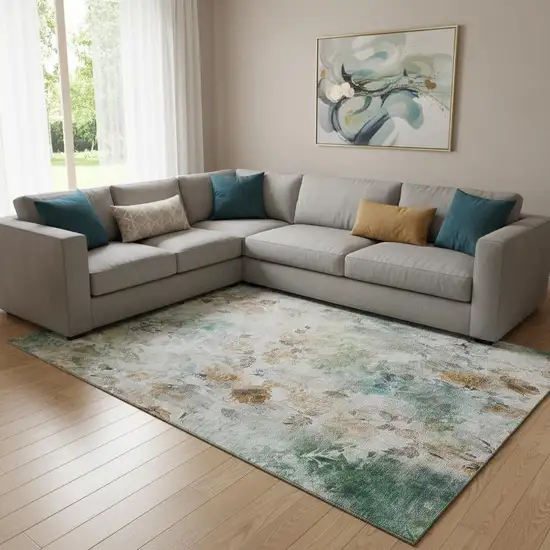 Teal Copper And Ivory Floral Washable Area Rug With UV Protection Photo 1