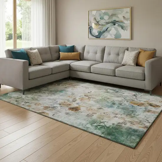 Teal Copper And Ivory Floral Washable Area Rug With UV Protection Photo 1