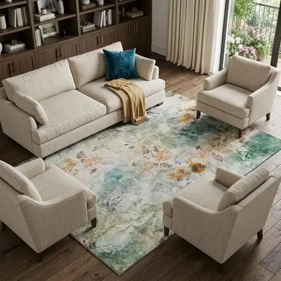Teal Copper And Ivory Floral Washable Area Rug With UV Protection Photo 1