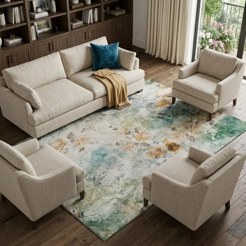Teal Copper And Ivory Floral Washable Area Rug With UV Protection Photo 1