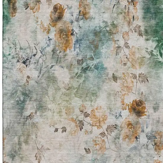 Teal Copper And Ivory Floral Washable Area Rug With UV Protection Photo 4