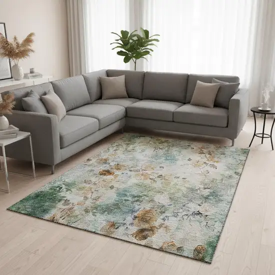 Teal Copper And Ivory Floral Washable Area Rug With UV Protection Photo 1