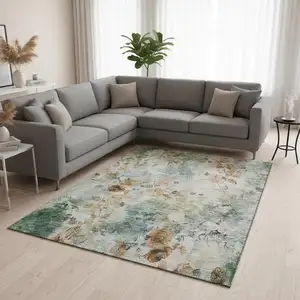 Photo of Teal Copper And Ivory Floral Washable Area Rug With UV Protection