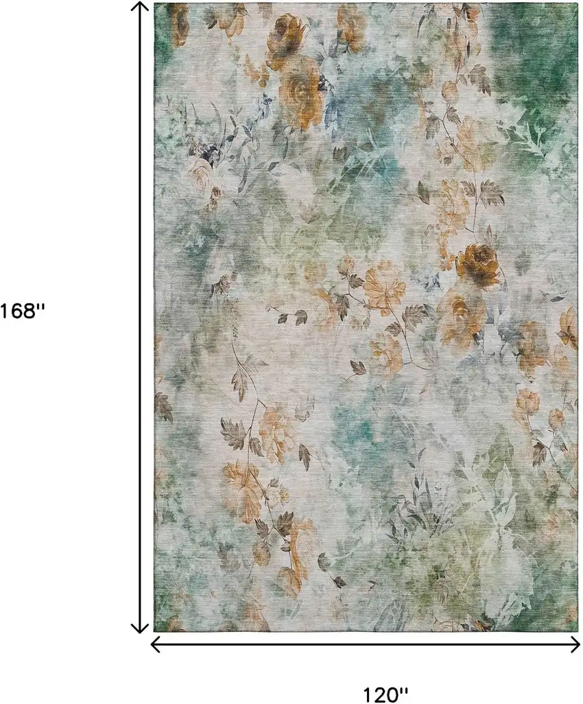Teal Copper And Ivory Floral Washable Area Rug With UV Protection Photo 3