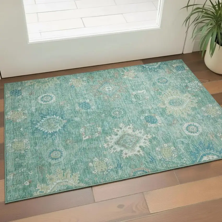 Teal Copper And Ivory Oriental Washable Area Rug With UV Protection Photo 2