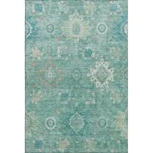 Photo of Teal Copper And Ivory Oriental Washable Area Rug With UV Protection