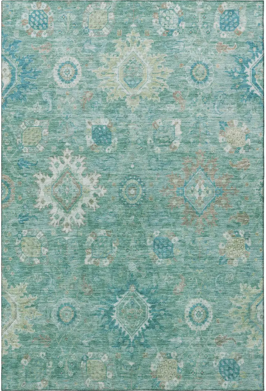 Teal Copper And Ivory Oriental Washable Area Rug With UV Protection Photo 4