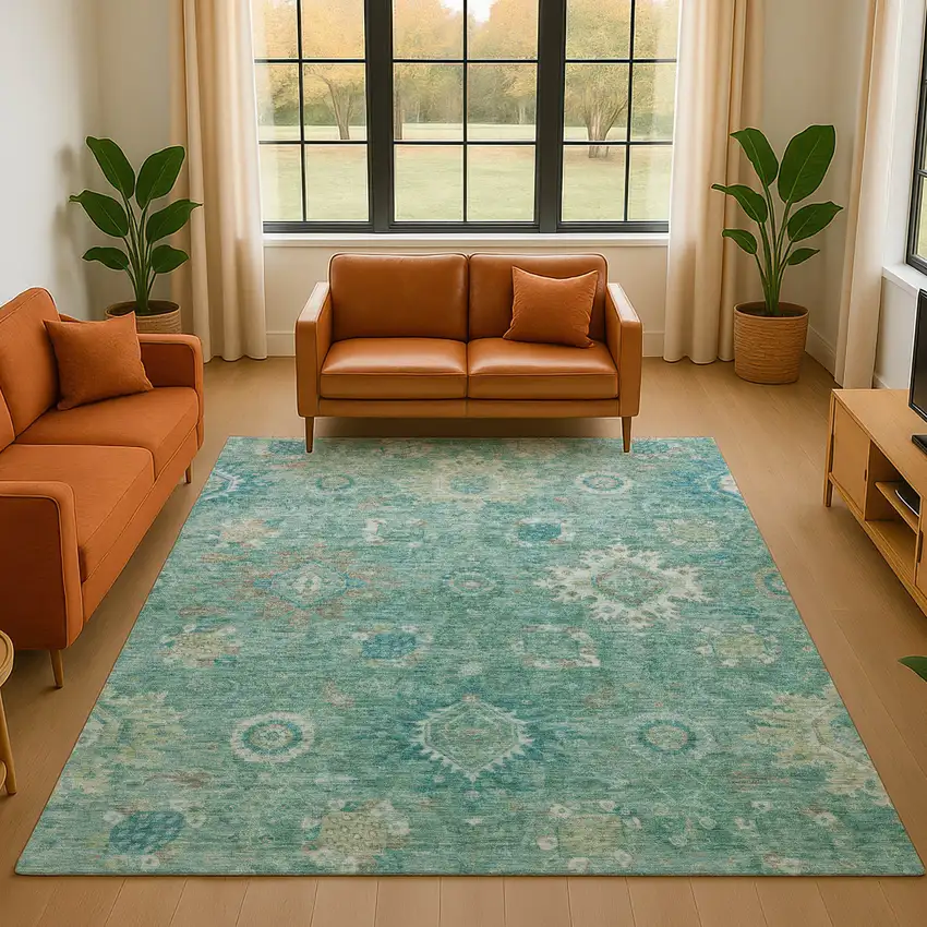 Teal Copper And Ivory Oriental Washable Area Rug With UV Protection Photo 5