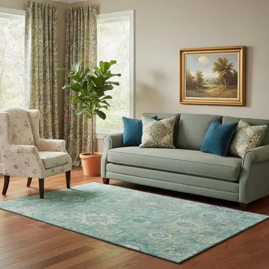 Teal Copper And Ivory Oriental Washable Area Rug With UV Protection Photo 2