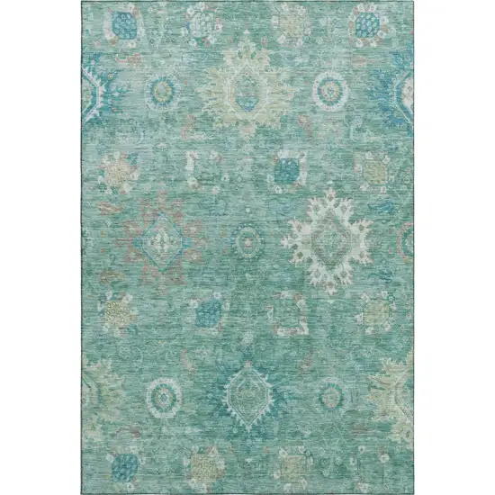 Teal Copper And Ivory Oriental Washable Area Rug With UV Protection Photo 1