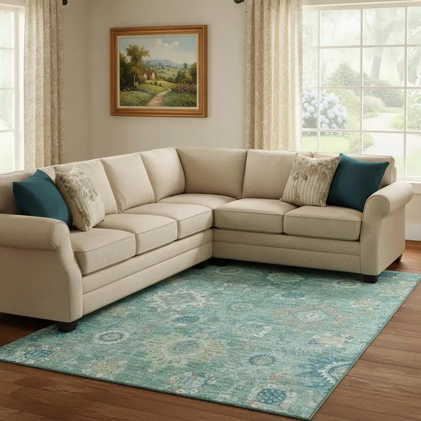 Teal Copper And Ivory Oriental Washable Area Rug With UV Protection Photo 2