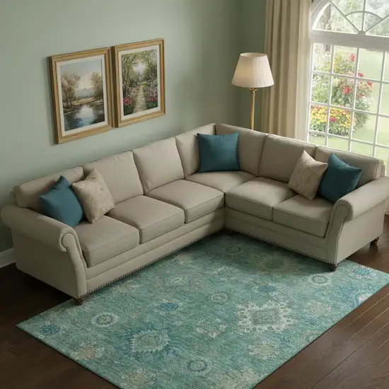 Teal Copper And Ivory Oriental Washable Area Rug With UV Protection Photo 2