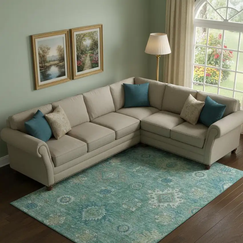 Teal Copper And Ivory Oriental Washable Area Rug With UV Protection Photo 2