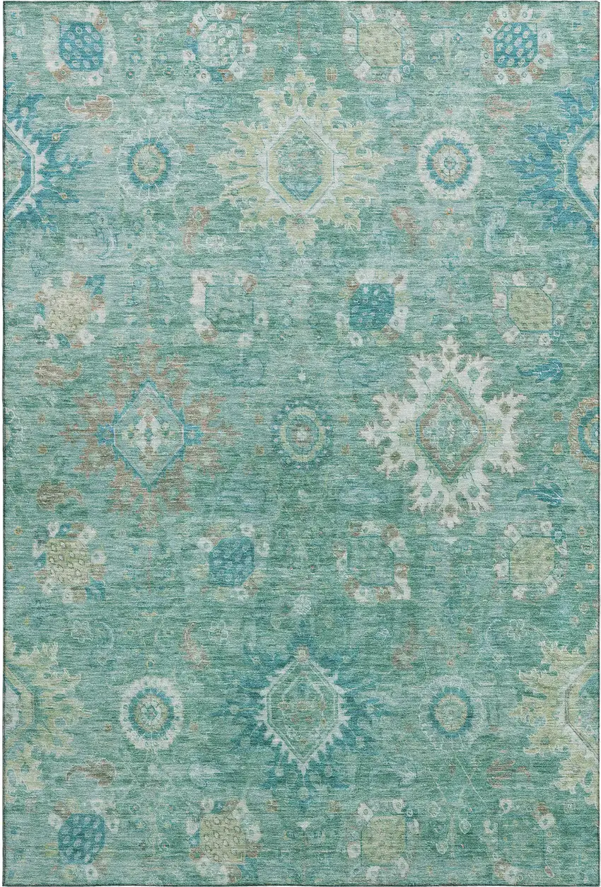 Teal Copper And Ivory Oriental Washable Area Rug With UV Protection Photo 1