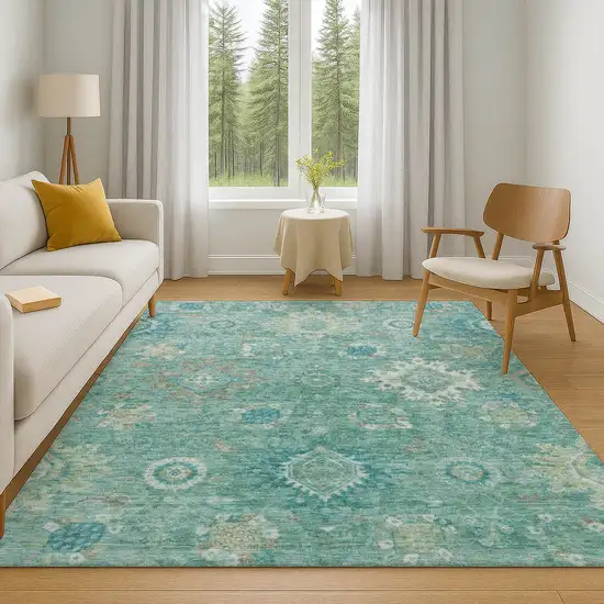 Teal Copper And Ivory Oriental Washable Area Rug With UV Protection Photo 6