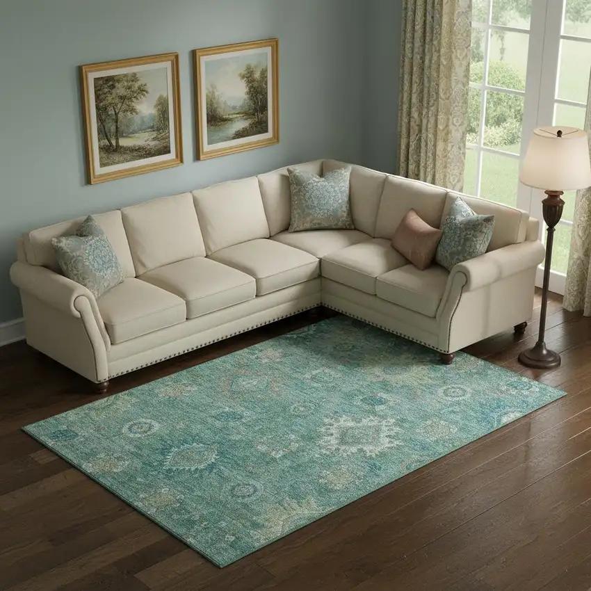 Teal Copper And Ivory Oriental Washable Area Rug With UV Protection Photo 2