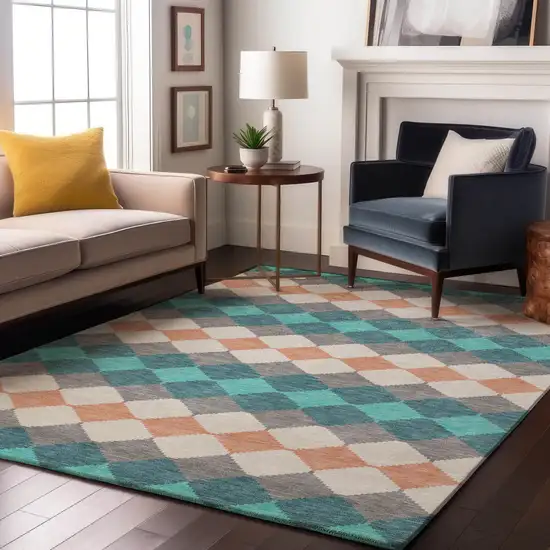 Teal Coral And Ivory Geometric Washable Area Rug With UV Protection Photo 4