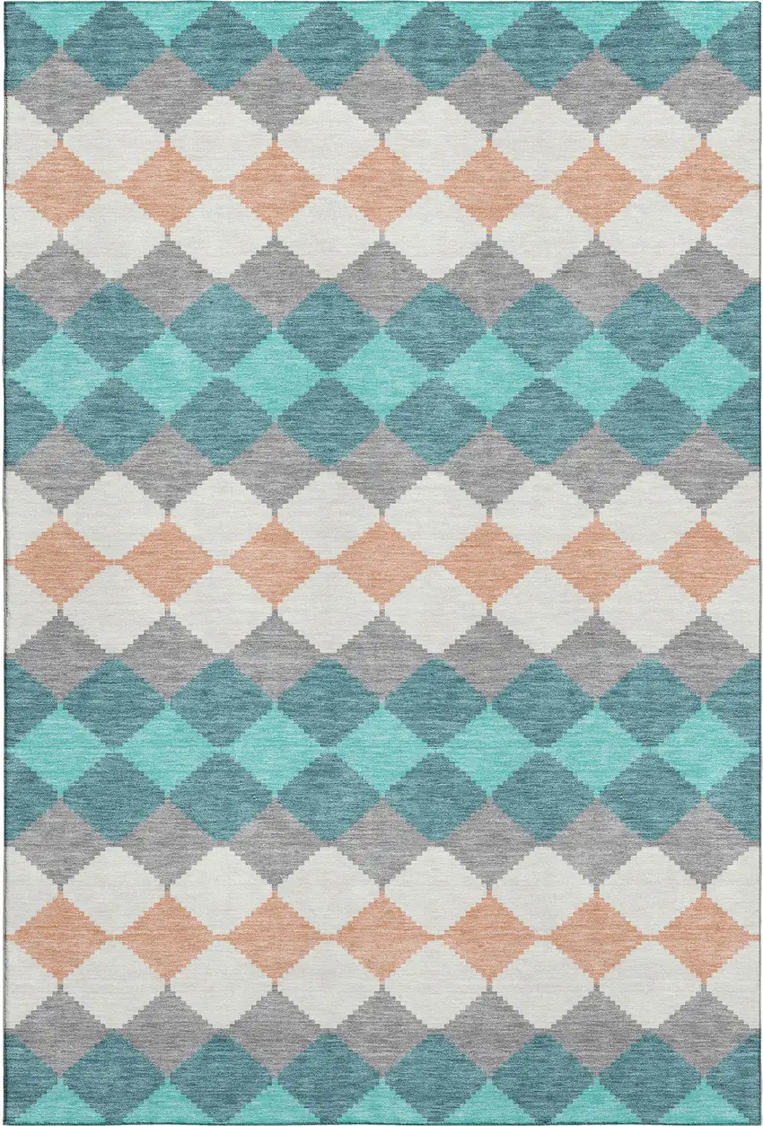 Teal Coral And Ivory Geometric Washable Area Rug With UV Protection Photo 1