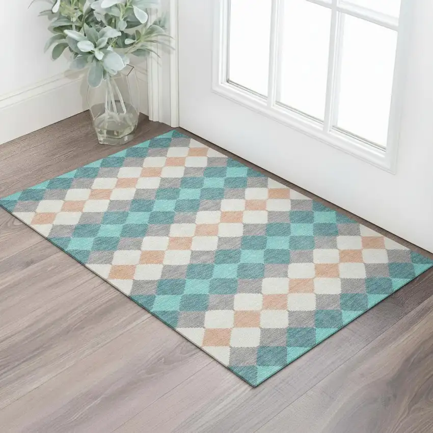 Teal Coral And Ivory Geometric Washable Area Rug With UV Protection Photo 2