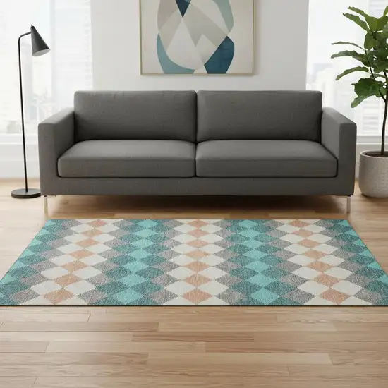 Teal Coral And Ivory Geometric Washable Area Rug With UV Protection Photo 2
