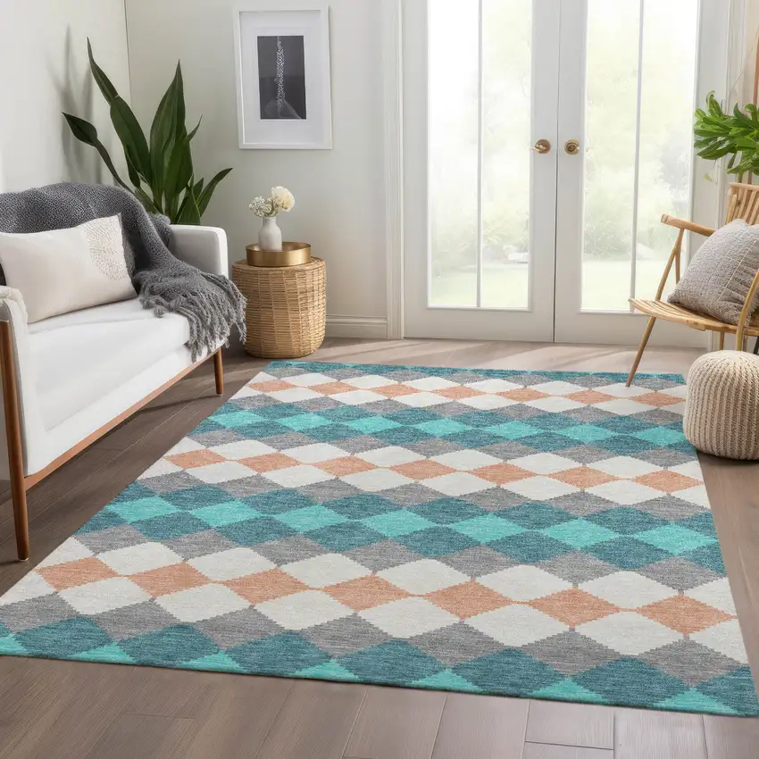 Teal Coral And Ivory Geometric Washable Area Rug With UV Protection Photo 5
